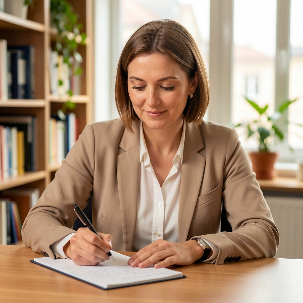 Warm editorial portrait of a nutritional guidance specialist reviewing handwritten notes at a wooden desk in a bright Bucharest office with bookshelves and plants