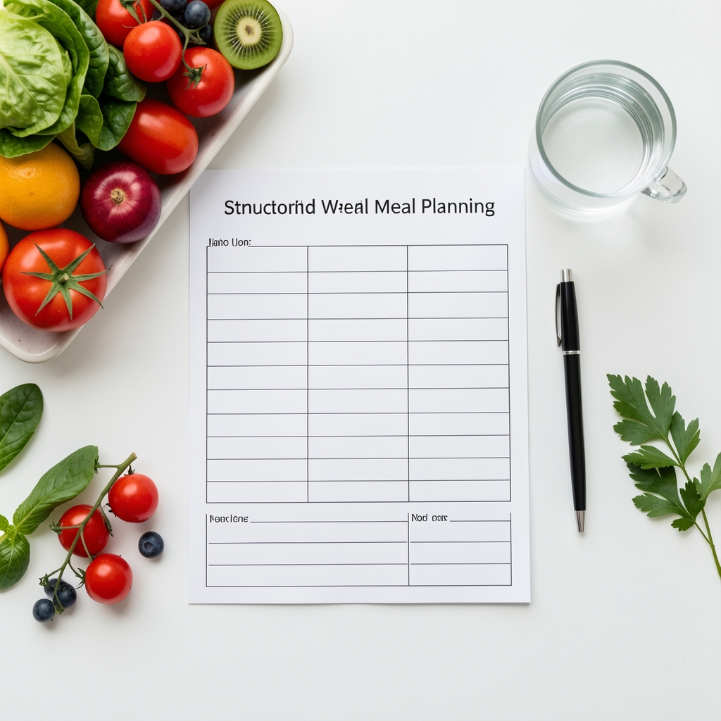 Overhead flat-lay of a structured weekly meal planning worksheet with fresh seasonal produce, a pen, and a glass of water on a white surface
