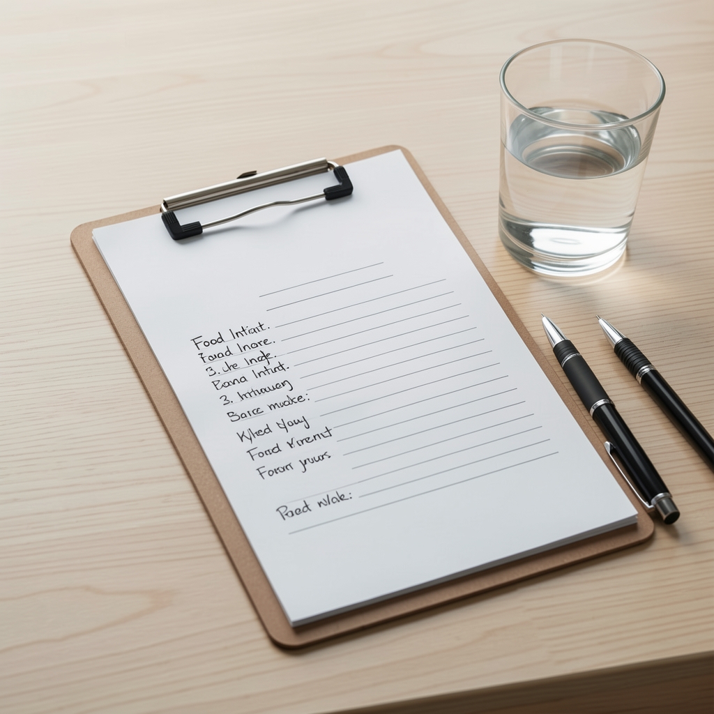 Close-up of a handwritten food intake form on a clipboard beside a glass of water and a pen on a clean wooden desk surface