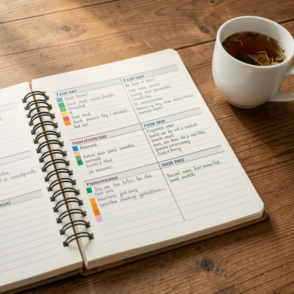 Open spiral notebook showing a seven-day food diary with neat handwritten entries, coloured markers, and a cup of herbal tea on a wooden table