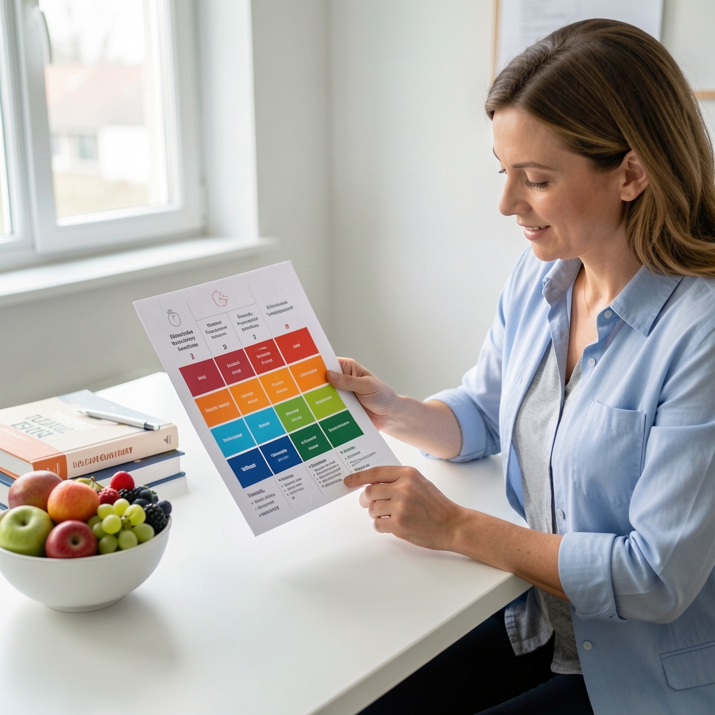 Nutritionist reviewing a printed dietary balance chart with coloured sections on a clean desk with a bowl of fresh fruit and reference books nearby