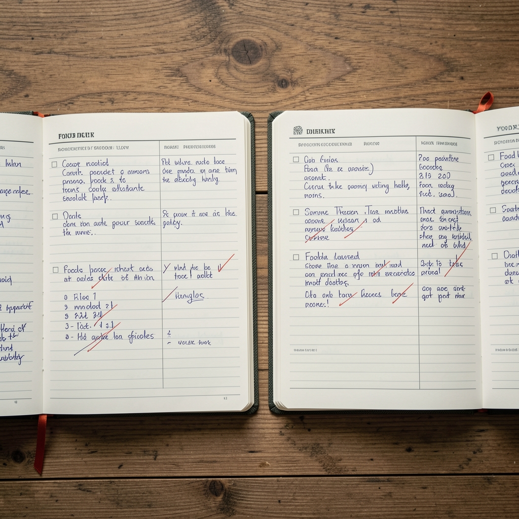Two open food diaries laid side by side on a wooden table for comparison, showing handwritten food log entries with notes and revision marks