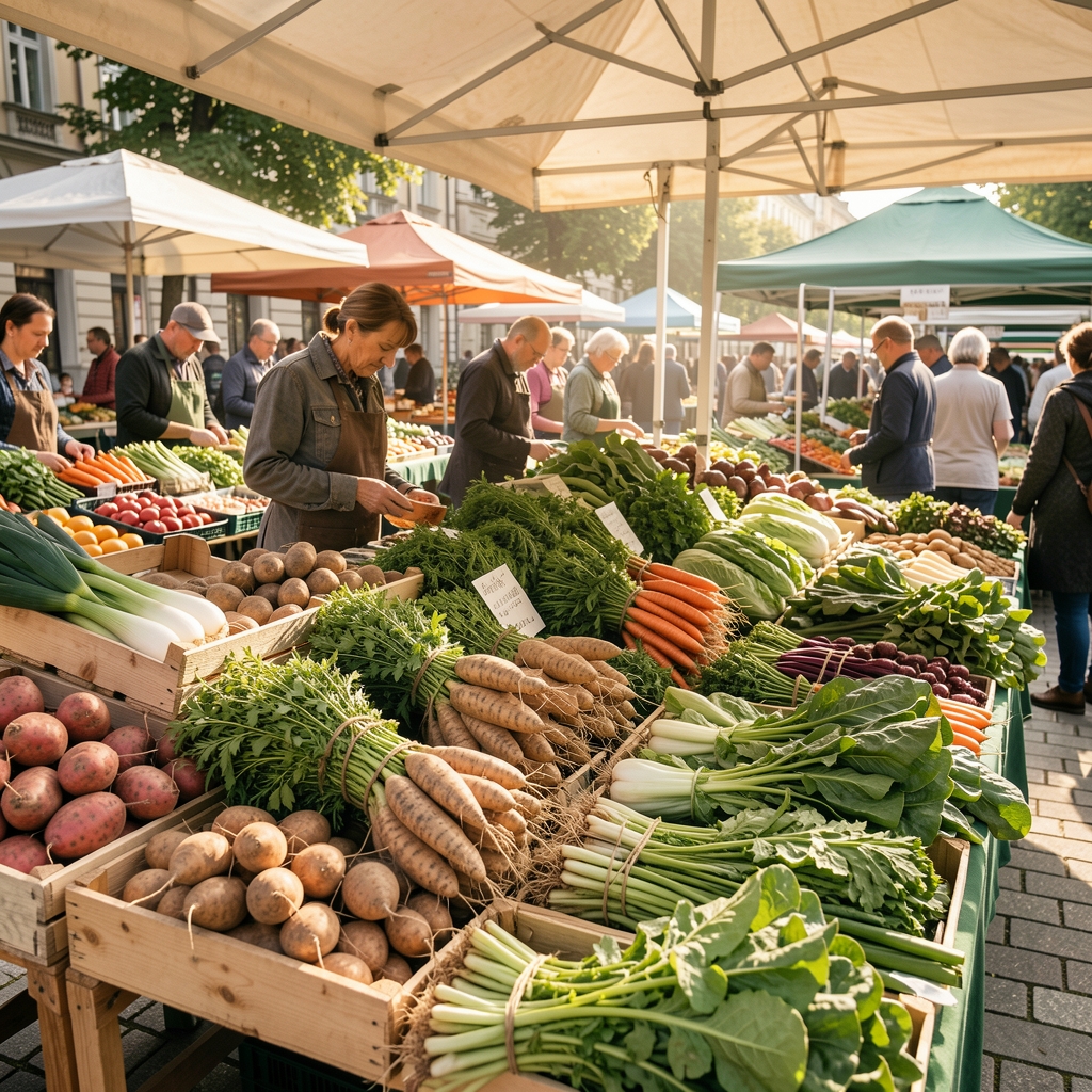 Sunlit display of local seasonal produce at an outdoor Bucharest farmers market showing root vegetables, bundles of herbs, and fresh leafy greens