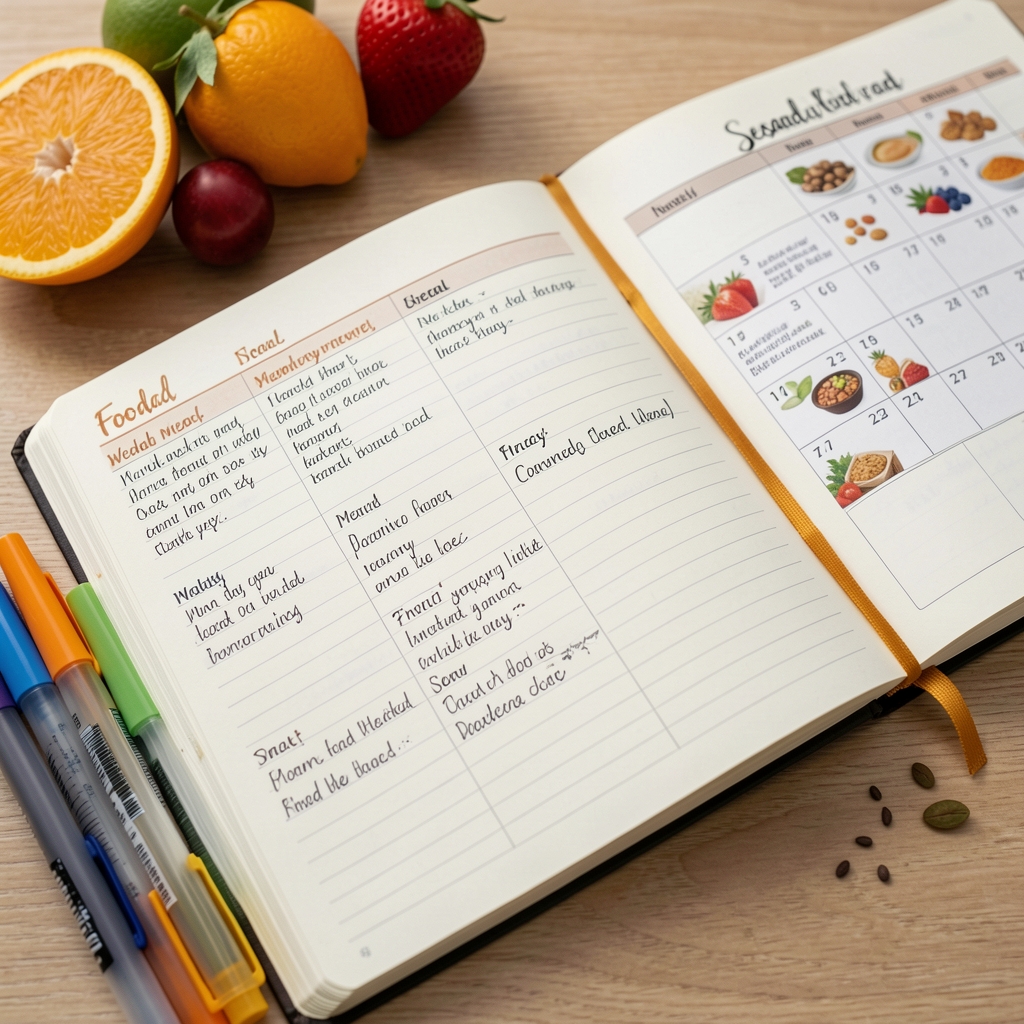 Close-up of an open food diary journal with handwritten weekly meal notes, coloured pens, fresh fruit on the side, and a printed seasonal food calendar