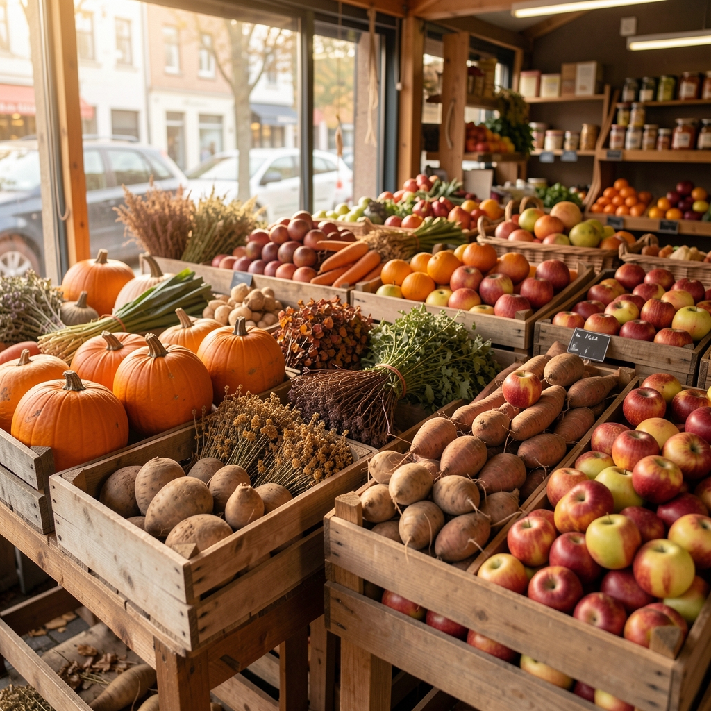 Seasonal Romanian market stall with abundant autumn produce including squash, root vegetables, apples, and dried herbs arranged on wooden crates in soft morning light